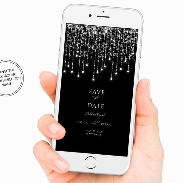 Save the Date Invite, Save the Date Electronic, Save the Date Black and White, Shimmery, White Lights, Editable Template with Templett