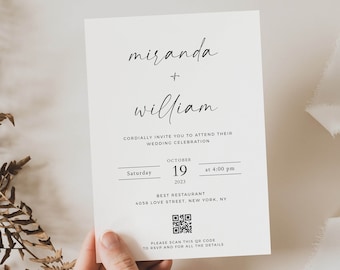 May include: A wedding invitation with a white background and black text. The invitation reads "miranda + william" and includes the date and time of the wedding, "Saturday, October 19, 2023 at 4:00 pm". The invitation also includes the location of the wedding, "BEST RESTAURANT, 4058 LOVE STREET, NEW YORK, NY". A QR code is included at the bottom of the invitation with the text "PLEASE SCAN THIS QR CODE TO RSVP AND FOR ALL THE DETAILS".