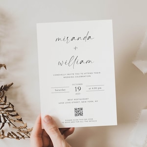 May include: A wedding invitation with a white background and black text. The invitation reads "miranda + william" and includes the date and time of the wedding, "Saturday, October 19, 2023 at 4:00 pm". The invitation also includes the location of the wedding, "BEST RESTAURANT, 4058 LOVE STREET, NEW YORK, NY". A QR code is included at the bottom of the invitation with the text "PLEASE SCAN THIS QR CODE TO RSVP AND FOR ALL THE DETAILS".