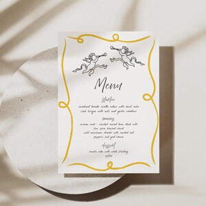 Handgeschriebenes, wunderliches Hochzeitsmenü im französischen Stil, kritzeln, lustig, funky, einzigartige Menüvorlage, Weihnachtsmenüvorlage, alle Farben vorhanden