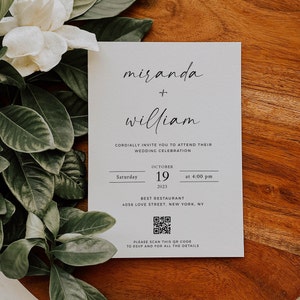 Hochzeitseinladung mit QR-Code, minimalistisches Design, bearbeitbare Vorlage, digitaler Download
