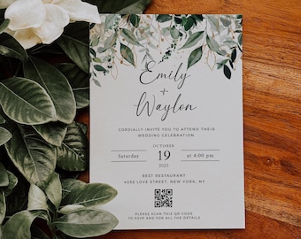 Wedding Invitation Green and Gold, Wedding Invitation Greenery, Wedding Invitation Garden with QR Code, Wedding Invitation Eucalyptus