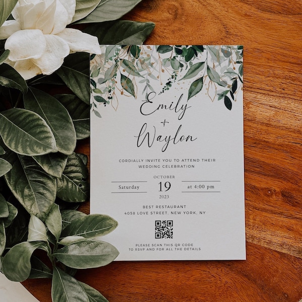 Wedding Invitation Green and Gold, Wedding Invitation Greenery, Wedding Invitation Garden with QR Code, Wedding Invitation Eucalyptus
