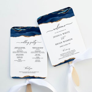 Blue and Gold Fan Programs for Wedding, Fan Program Template, Order of Service, Ceremony Program, Agate Wedding, Printable, Downloadable
