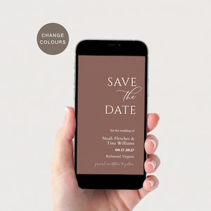 May include: A mobile phone screen displaying a save the date announcement for Noah Fletcher and Tina Williams, with the date August 17, 2027, and the location Richmond, Virginia.