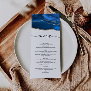 Menu de mariage bleu royal et or, modèle de menu de mariage, agate de menu de fête d'anniversaire, menu de mariage abstrait bleu royal, téléchargement immédiat