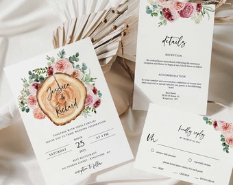 Rustic Wedding Invitation Suite Template, Wood Slice, Editable Text, Instant Download
