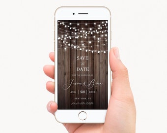 Rustic Save the Date Template, Electronic Phone Digital Invitation, Save the Date Invite, Wood String Lights, Modifiable avec l'application Templett