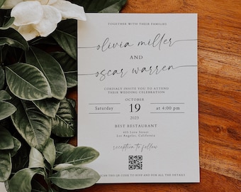 Minimalist Wedding Invitation with QR Code: Editable Template