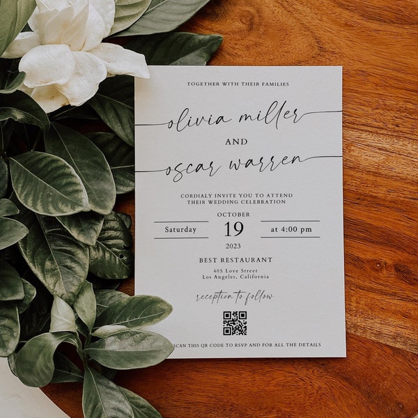 Wedding Invitation with QR Code, Minimalist Wedding Invitation Template, Wedding invitation with QR code rsvp details, Editable Text