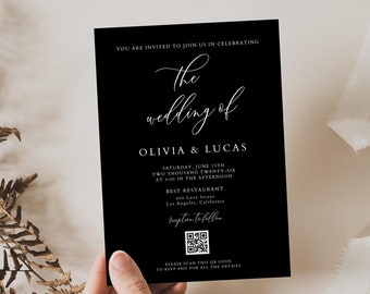 Black and White Wedding Invitation Template with QR Code, Digital Download