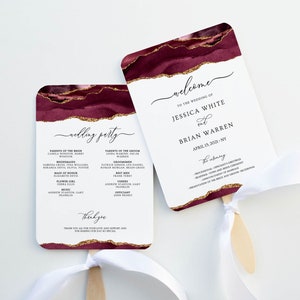 Burgundy and Gold Fan Programs for Wedding, Fan Program Template, Order of Service, Ceremony Program, Agate Wedding, Printable, Downloadable
