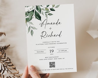 Greenery Wedding Invitation Template with QR Code, Minimalist Elegant (Digital Download)