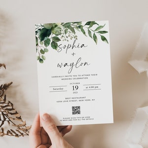 Wedding Invitation with QR code, Greenery Wedding Invitation Template, Wedding Invitation with QR code rsvp, Minimalist QR code Invite