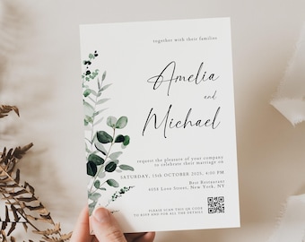 Wedding Invitation Template with QR Code: Rustic, Greenery, Editable, Personalized