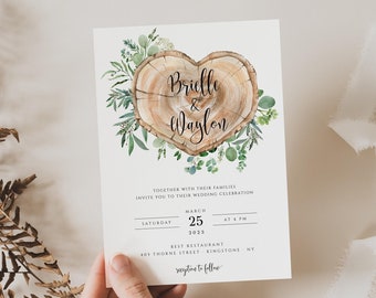 Rustic Wood Slice Wedding Invitation Template (Instant Download)