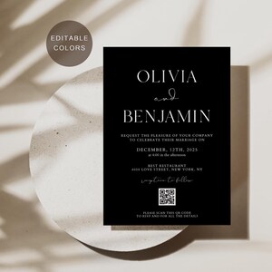 Peut inclure: Invitation de mariage noire et blanche avec les noms Olivia et Benjamin, la date du 12 décembre 2025 et un code QR. Le texte indique "Nous vous prions de bien vouloir nous faire l'honneur de votre présence pour célébrer notre mariage le 12 décembre 2025 à 16h00. Best Restaurant 4058 Love Street, New York, NY. Réception à suivre. Veuillez scanner ce code QR pour confirmer votre présence et pour tous les détails."