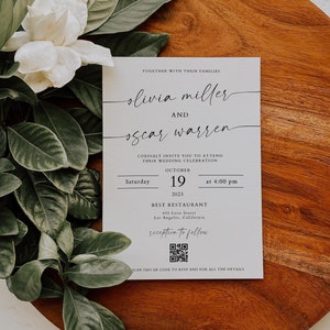 May include: A white rectangular wedding invitation card with black text featuring the names Olivia Miller and Oscar Warren, the date 19 October 2023, at 4:00 pm, the location Best Restaurant, 405 Love Street, Los Angeles, California, and a QR code.
