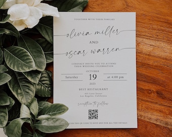 Modern Minimalist Wedding Invitation with QR Code RSVP Online, Editable Invite, Personalized