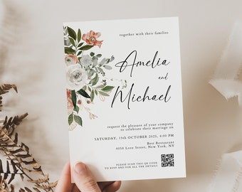 Wedding Invitation QR code, Boho Wedding Invitation Template, Wedding Invitation with QR code rsvp, Blush and White Invitation Editable Text