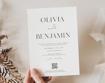 May include: A minimalist wedding invitation with the names Olivia and Benjamin, the date December 12th, 2025, and a QR code to RSVP.