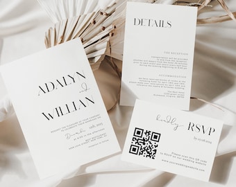 Wedding Invitation with QR Code, Minimal Wedding Invitation Set, Modern Invitation Suite, Editable Template, Simple Invitation, Digital