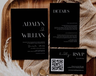 Modern Black Wedding Invitation Suite with QR Code (Digital Download)