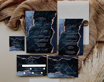 Wedding Invitation Blue and Rose Gold, Wedding Invitation Set Template, Wedding Invitation Suite Blue, Invitation with RSVP card, Editable