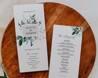 Olivia - Botanical Wedding Program Template, Ceremony Program Greenery, DIY Ceremony Program, Customizable, Editable, Instant Download