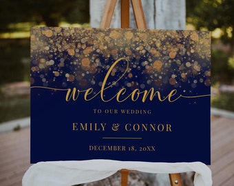 Welcome Wedding Sign Blue and Gold, Welcome Wedding Sign Gold Bokeh, Welcome Wedding Sign Template, Editable Online, Instant Download