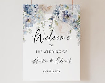Letrero de bienvenida floral azul polvoriento para boda: Boho imprimible (editable)