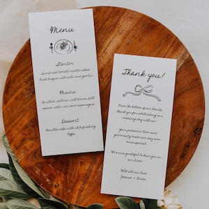 Carte de menu de mariage fantaisiste, modèle de carte de menu pour le dîner, carte de menu drôle, menu manuscrit, menu dessiné à la main, menu et carte de remerciement, modifiable