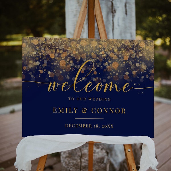 Welcome Wedding Sign Blue and Gold, Welcome Wedding Sign Gold Bokeh, Welcome Wedding Sign Template, Editable Online, Instant Download