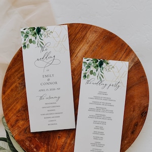 Plantilla de programa de boda hexagonal, detalles de vegetación (editable)