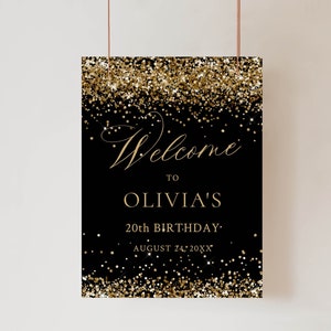 Letrero de bienvenida para fiesta de cumpleaños dorado, letrero de bienvenida para fiesta en negro y dorado, letrero de fiesta de cumpleaños con purpurina dorada, decoración de póster de cumpleaños editable