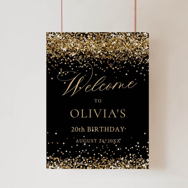 Birthday Party Welcome Sign, Black and Gold Welcome Sign Party, Gold Glitter Birthday Party Sign, Birthday Poster Decoration, Editable