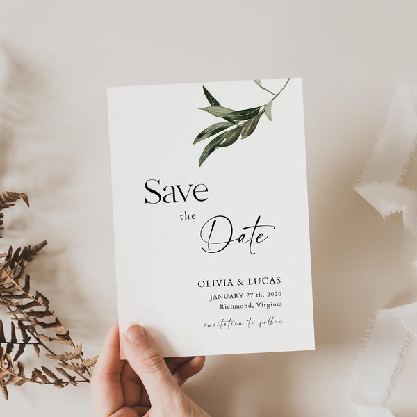 Save the Date Olive Branch, Save the Date Template, Save the Date Italian Wedding, Save the Date Greece, Elegant Greenery Save the Date