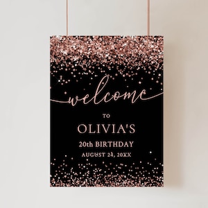 Signo de bienvenida de fiesta de cumpleaños, fiesta de signo de bienvenida de oro negro y rosa, decoración de fiesta de cumpleaños de brillo de oro rosa, decoración del cartel de cumpleaños