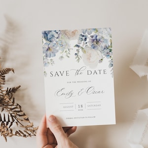 AJ - Blaue Save the Date Einladung, Dusty Blue Save the Date Vorlage, blaue Blumen Save the Date einladen, Hortensie Save the Date, bearbeitbar
