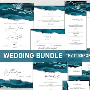Teal and Silver Wedding Invitation Kits, Wedding Invitation Bundle, Wedding Invitation Suite, Invitation Template, Digital Download
