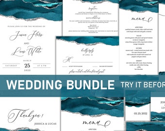 Teal and Silver Wedding Invitation Kits, Wedding Invitation Bundle, Wedding Invitation Suite, Invitation Template, Digital Download