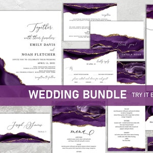 Kits de faire-part de mariage violet et or, lot de faire-part de mariage, suite de faire-part de mariage, modèle d'invitation, téléchargement immédiat