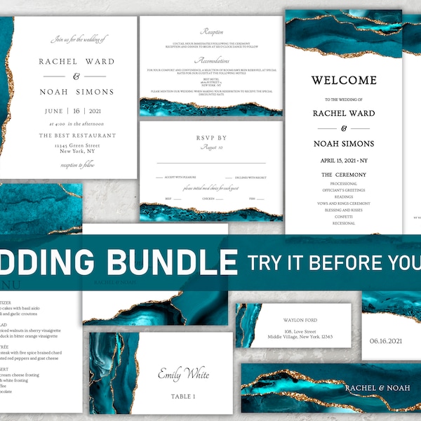 Wedding invitation bundle Teal and Gold, Wedding invitation kit, Wedding invitation suite agate, Invitation suite template, Instant Download