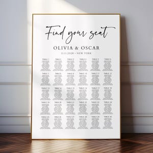May include: A white wedding seating chart with black text. The chart is titled "Find your seat" and lists the names of guests assigned to each table. The chart also includes the couple's names, "Olivia & Oscar", and the date of the wedding, "11.11.2028", along with the location, "New York".