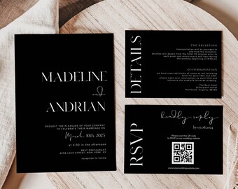 Black & White Wedding Invitation Suite, QR Code RSVP (Editable Template)