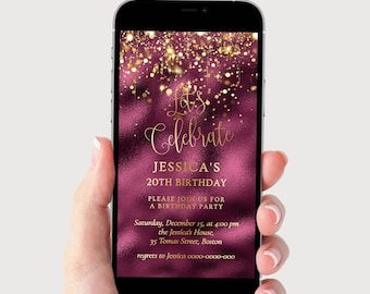 Plantilla de invitación para fiesta de cumpleaños en color burdeos y dorado: texto editable, personalizada y digital.