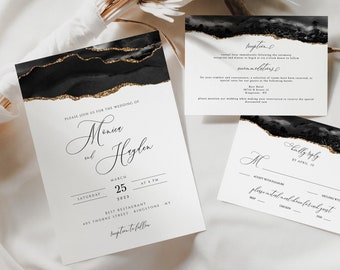 Wedding Invitation Suite Black and Gold, Invitation Set Template, Black Agate, Dark Invitation, Instant Download, Edit with Templett