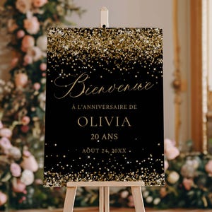 Black and Gold Glitter Birthday Party Welcome Sign: French Text (Digital Download)