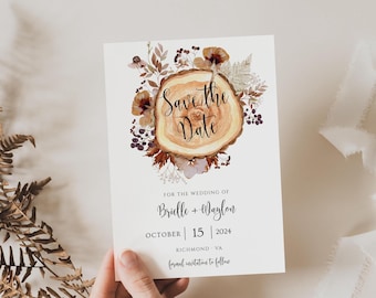 Réservez cette date en bois rustique : modèle de mariage d'automne modifiable