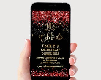 Editable Red and Gold Birthday Party Invitation Template: Editable All Text, Digital Product